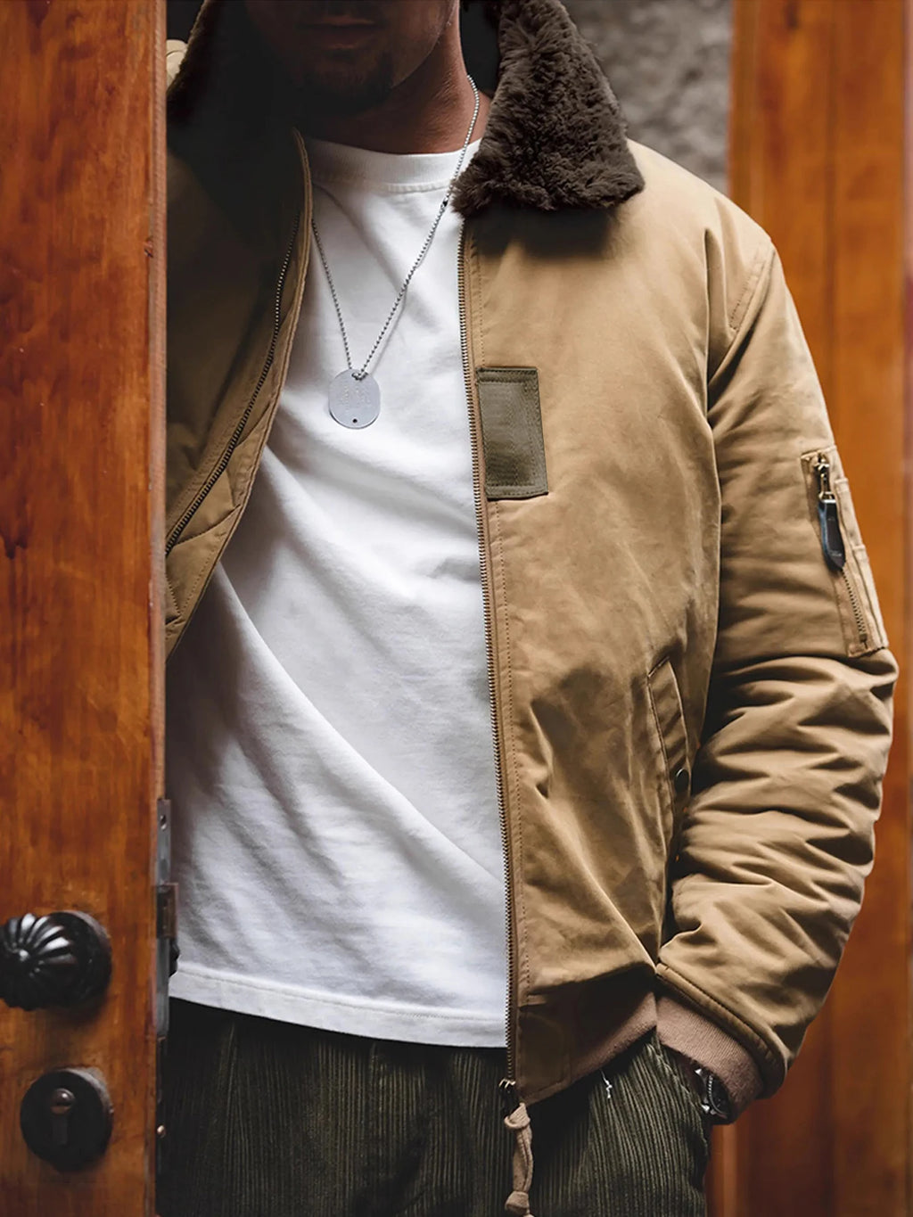 Men's B-15 Bomber Jacket Winter Warm Fur Collar Military Flight Jacket Thick 100% Cotton Motorcycle Coat Vintage Csual Outwear
