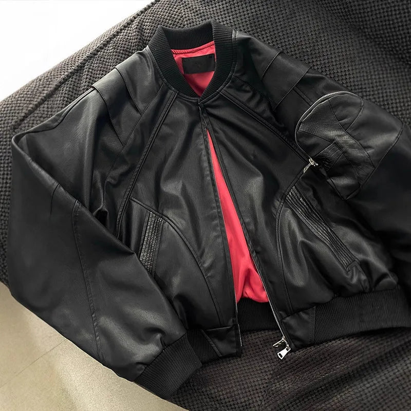 Python Holy Cross Leather Jacket Men Women American Vintage Short Bomber Coat Spring Autumn Minimalist Fashion